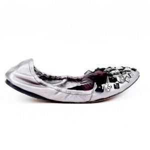Miu Miu Flats Silver Leather Button Scrunch Ballet 39.5